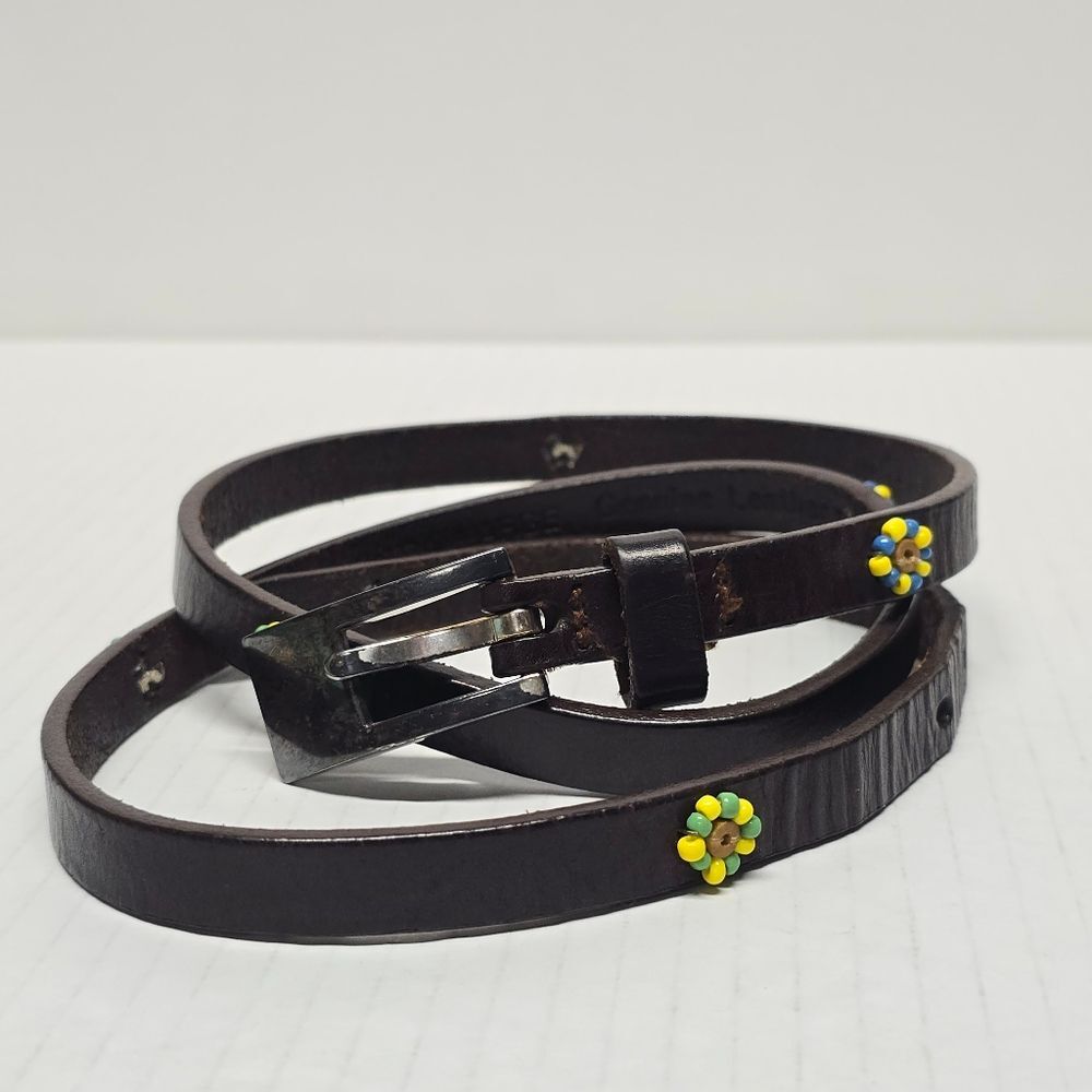 Nine West Brown Leather Boho Hippie Beaded Thin Waist Belt XL